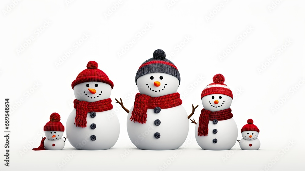 a family of snowmen, each with its unique accessories and expressions, against a plain white background. space for text to create a heartwarming winter-themed greeting card or poster.
