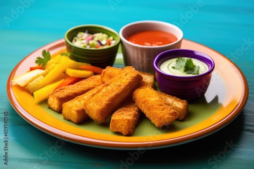 a homemade fish finger on a colorful plate