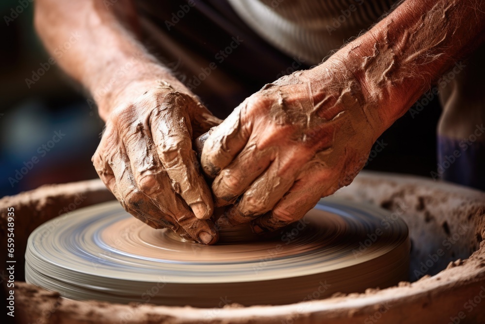 a potters hands shaping a piece of clay on a wheel a potters hands shaping a piece of clay on a wheel