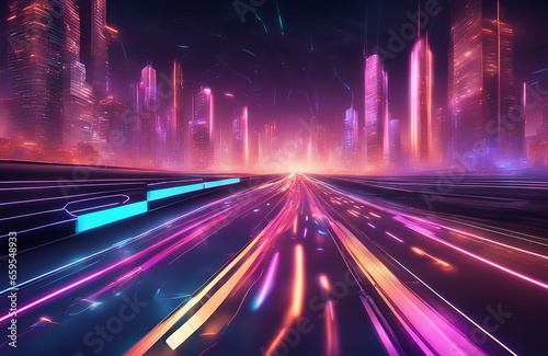 super highway. Neon streaming lights. Speed an motion on the road. Futuristic cityscape skyline