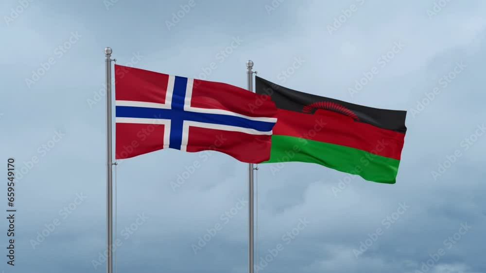 Malawi flag and Norway flag waving together on cloudy sky, endless seamless loop, two country relations concept Malawi flag and Norway flag waving together on cloudy sky, endless seamless loop, two country relations concept