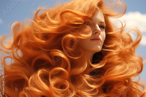 young woman with gorgeous red long curly hair, illuminated by the sun against the sky