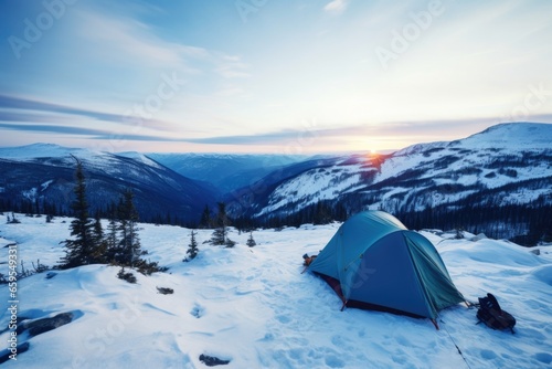 tent set up in snowy mountain landscape
