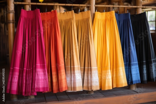 silk thai phasin skirts hanged in a row