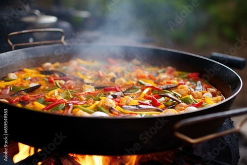 close-up of cooking spanish paella in a large pan