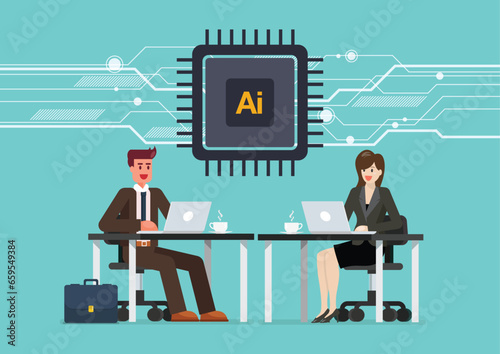Businessman and woman are working on a laptop computer at office desk with AI chip cpu icon