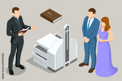 Isometric Christian Protestant Church building isolated on a white background. The pastor delivers a sermon in the Protestant Church. Pastor, religious people. Religion and its representatives