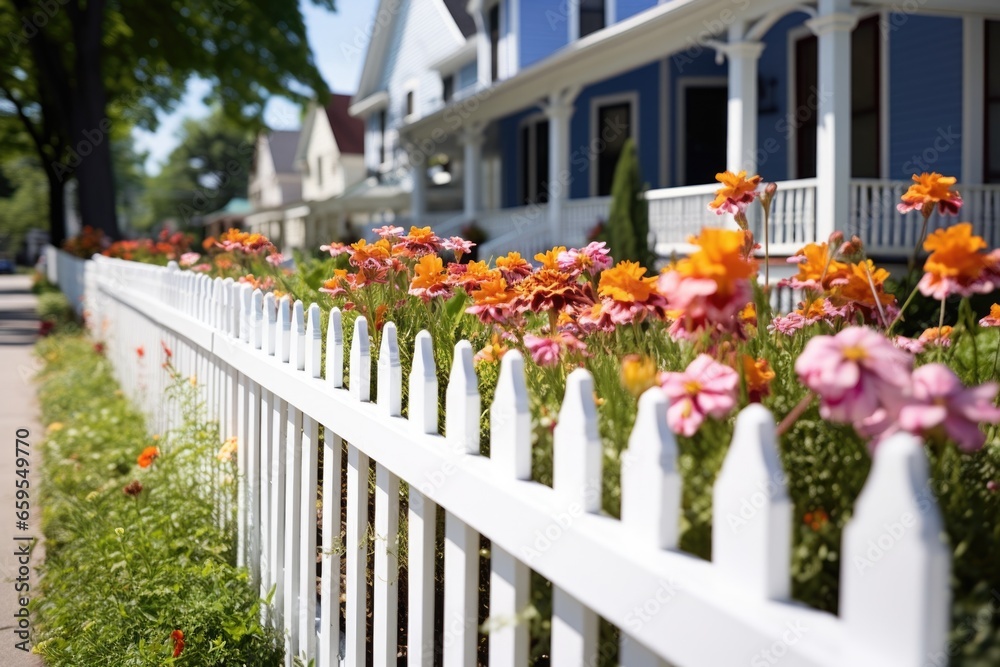 white picket fence with blooming flowers alongside