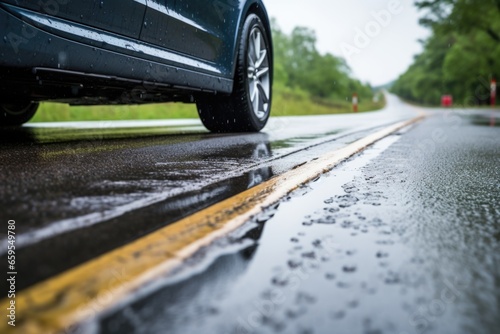 car tires with ample tread depth on a slick, rainy road © Alfazet Chronicles