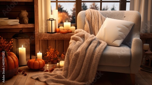 the brown knitted wool sweater it over a chair or sofa, and include autumn-themed elements like pumpkins or fallen leaves to create a warm and inviting atmosphere.