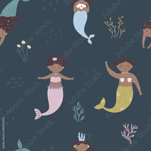 Colorful seamless pattern with beautiful mermaids and sea life