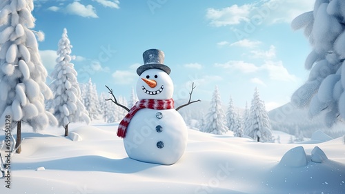 a snowman surrounded by a snowy landscape on a white background, snowflakes, pine branches, and colorful scarves to enhance the wintry atmosphere. The open space can be used for holiday-themed text. © lililia