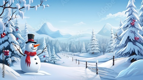 a snowman surrounded by a snowy landscape on a white background, snowflakes, pine branches, and colorful scarves to enhance the wintry atmosphere. The open space can be used for holiday-themed text. © lililia