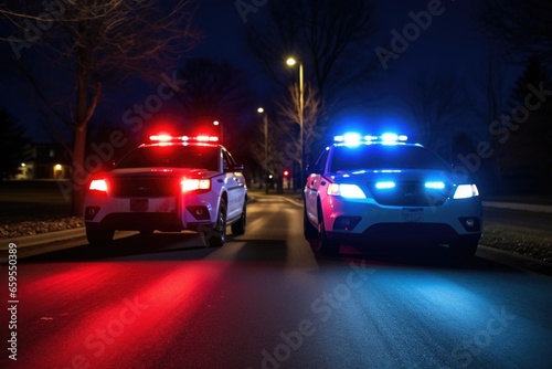 a police cars flashing red and blue lights in the dark