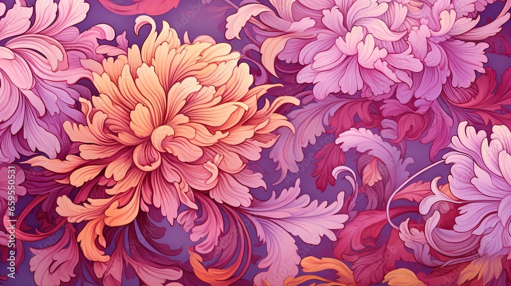  a painting of a large flower on a purple background with pink and yellow flowers.  generative ai