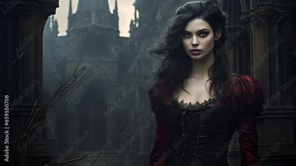 Vampire Woman in a Dress Near a Castle Vampire Woman in a Dress Near a Castle