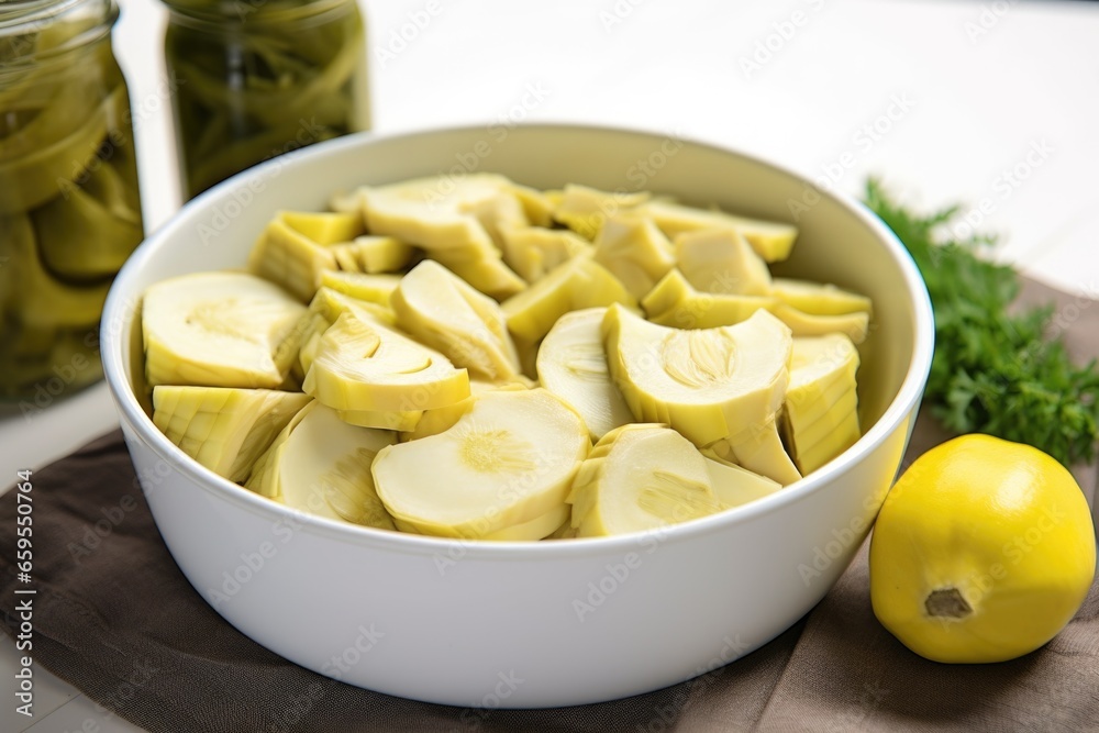 sliced canned artichoke hearts arranged in a white bowl