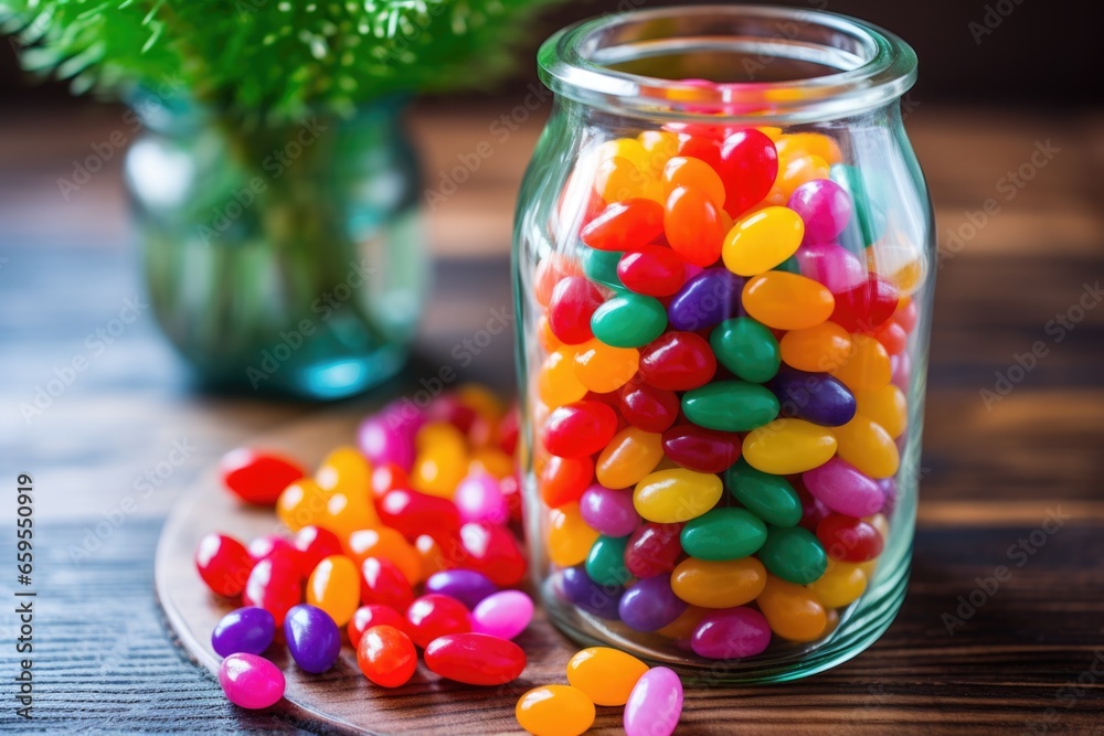 brightly colored jelly beans in a tall glass jar