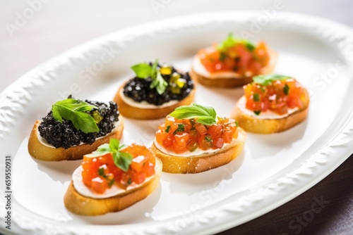 multiple caviar bruschetta servings on a classic white plate