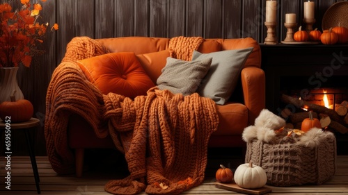 the brown knitted wool sweater it over a chair or sofa, and include autumn-themed elements like pumpkins or fallen leaves to create a warm and inviting atmosphere.