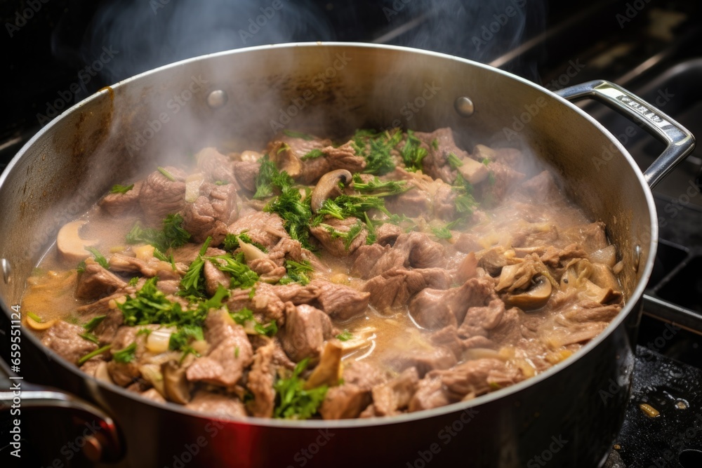 beef stroganoff based covered, with steam showing the heat