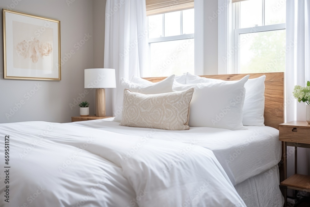 Fototapeta premium simple bedroom with white linens and pillows