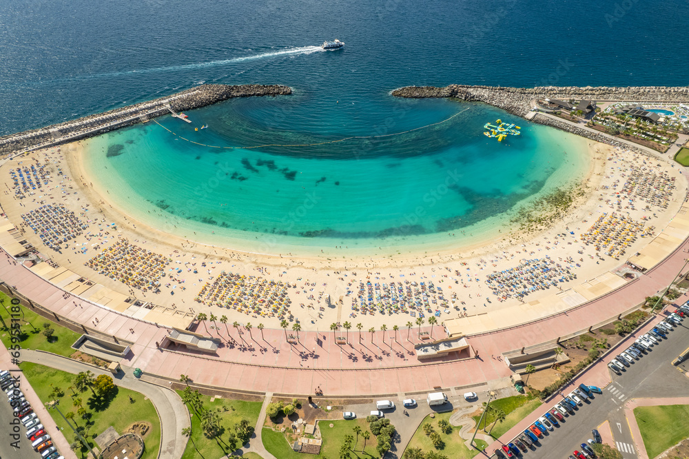 Aerial view of the Playa de Amadores beach, Gran Canaria, Canary Islands, Spain