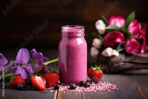 berry smoothie in glass bottle on wooden table