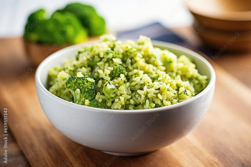 broccoli rice in a minimalist white bowl on wooden table broccoli rice in a minimalist white bowl on wooden table
