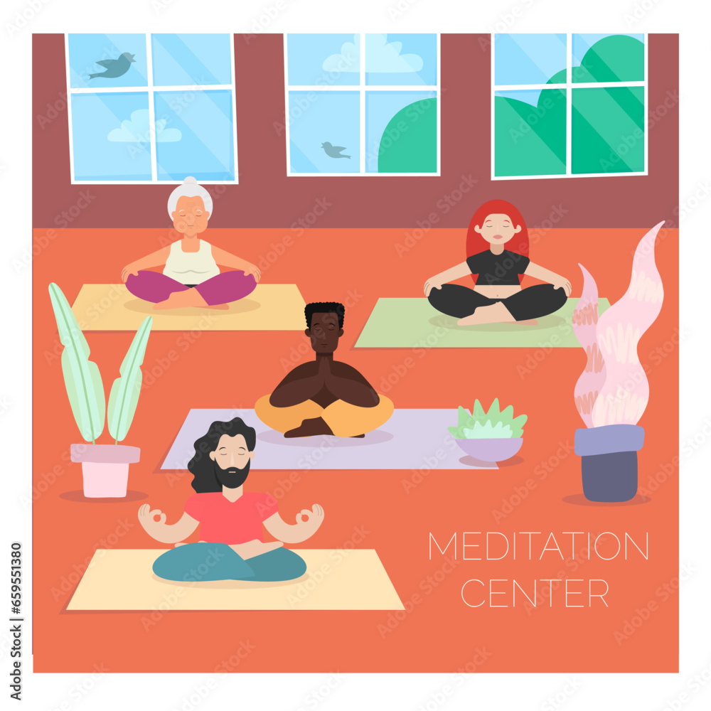Set of meditating diverse people, sitting in lotus pose. Simple flat style of vector illustration. Meditation for everyone.