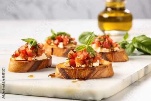 brightly lit bruschetta with honey on marble slab