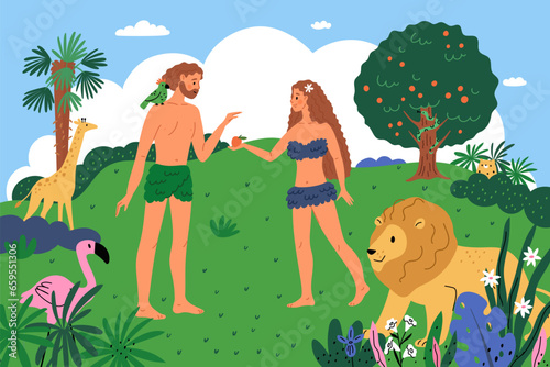 Adam and Eve in Eden garden. Cartoon biblical characters. Naked first man and woman. Christian history. Animals in meadow. Temptation of apple. World creation. Garish vector concept