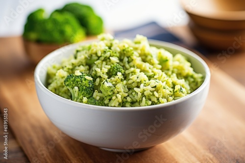 broccoli rice in a minimalist white bowl on wooden table