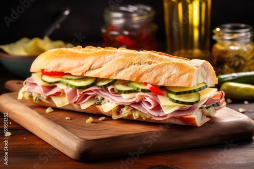 baguette sandwich with ham, cheese and pickles