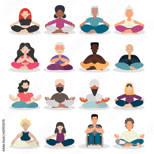 Set of meditating diverse people, sitting in lotus pose. Simple flat style of vector illustration. Meditation for everyone.