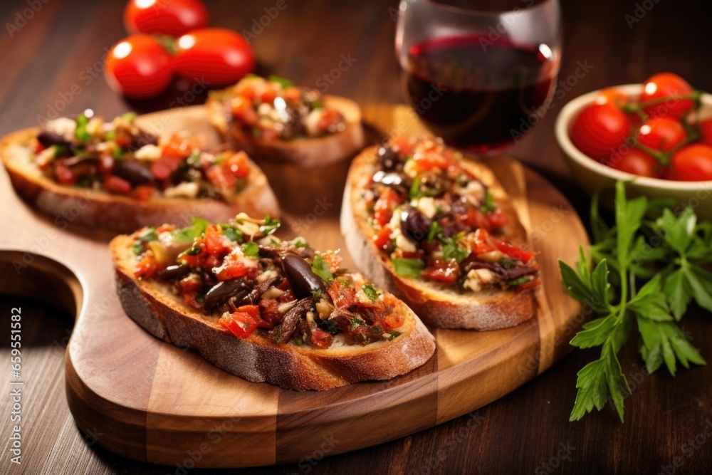 anchovy bruschetta on a board beside a bowl of olives