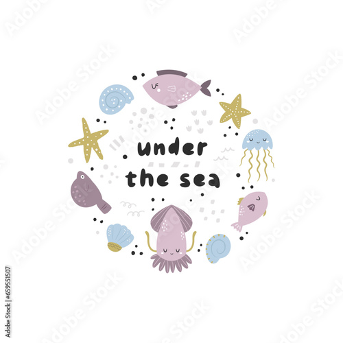 Colorful circle design, composition with sea animals squid, fish, starfish, jellyfish