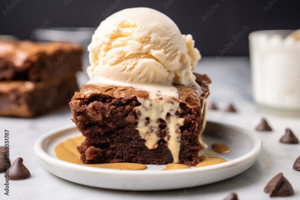 slice of brownie with a scoop of vanilla ice on top slice of brownie with a scoop of vanilla ice on top