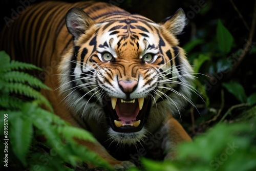 aggressive-looking tiger showing teeth in the jungle © Alfazet Chronicles
