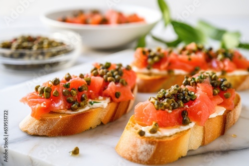 bruschetta with capers placed on a marble countertop
