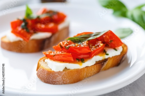 close-up of a single bruschetta on a white plate, showing details of roasted peppers