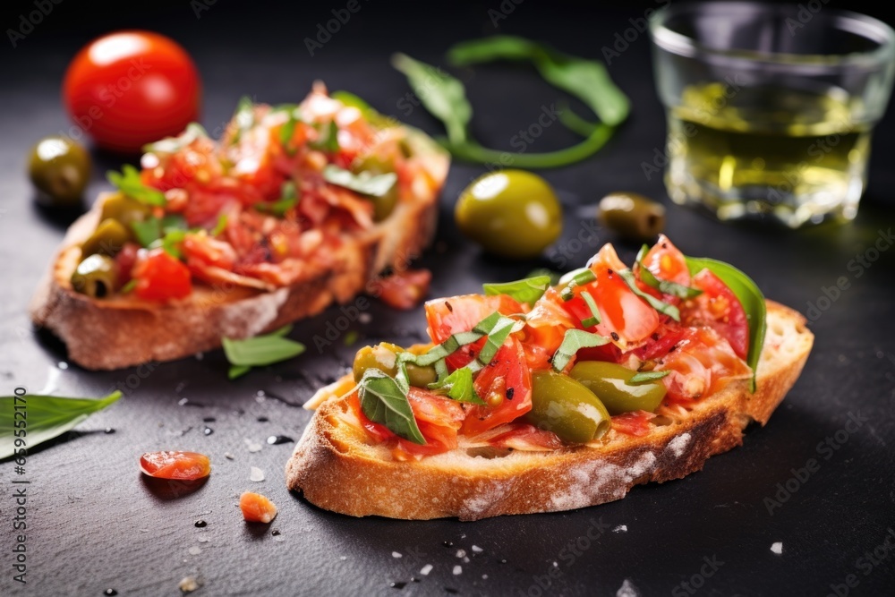 bruschetta with green olives cut in halves on a slate surface