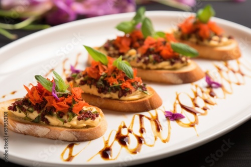 bruschetta with hummus served on a plate with a floral pattern