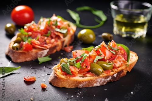 bruschetta with green olives cut in halves on a slate surface