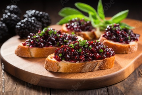 bruschetta with crushed blackberries on a rustic wooden board
