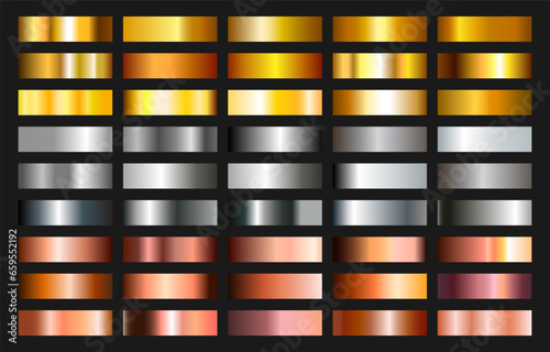 Set of golden silver and bronze gradients isolated on dark background. Vector EPS 10
