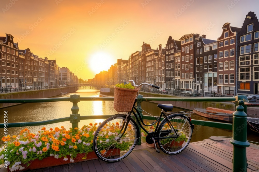 Obraz na płótnie Bicycle amsterdam bridge. City travel. Generate Ai w salonie