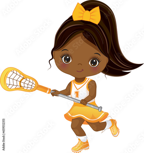 Vector Cute Little African American Girl Playing Lacrosse