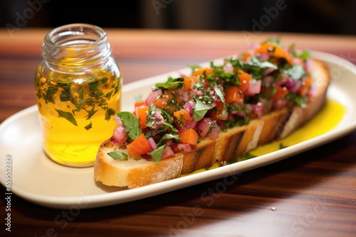 honey-drenched bruschetta, colorful herb garnish nearby photo