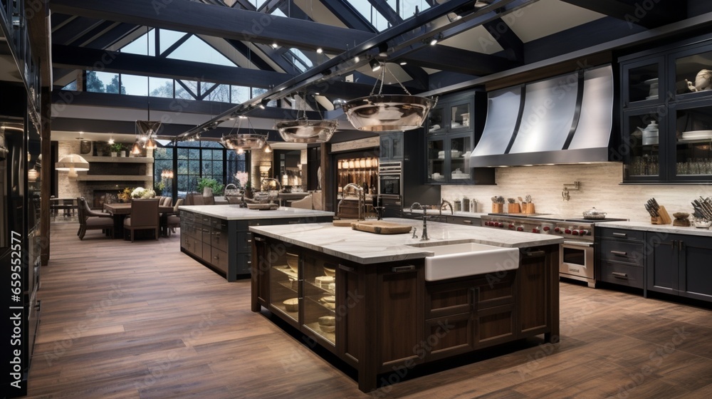 A chef's dream kitchen featuring a central prep island and multiple cooking stations. A chef's dream kitchen featuring a central prep island and multiple cooking stations.